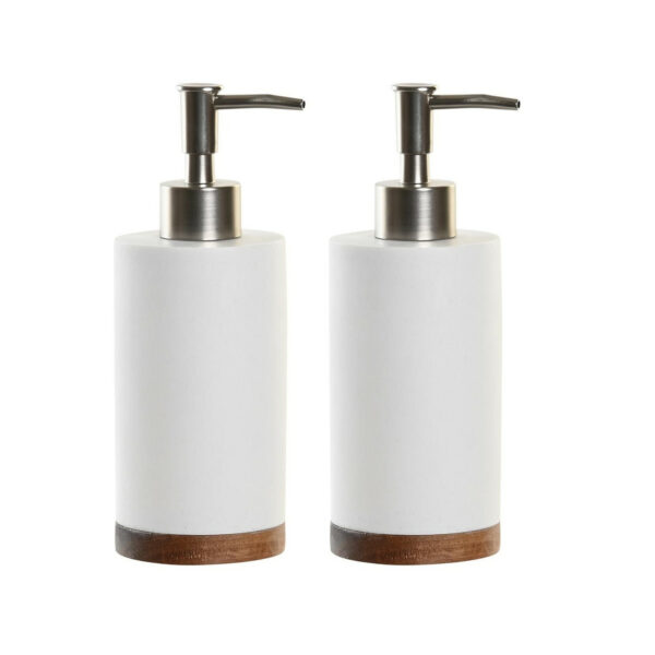 Items Zeeppompje/dispenser - 2x - wit - keramiek/acaciahout - 7 x 19 cm - toilet/badkamer/keuken