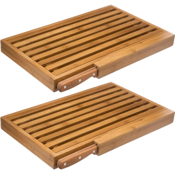 Brood snijplank - 2x - met kruimel opvangbak - 44 x 27 cm - bamboe hout - inclusief broodmes