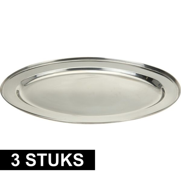 RVS serveerschaal/barbecueschaal - 3x - D45 cm - Barbecueschalen - vleesschalen - zilver