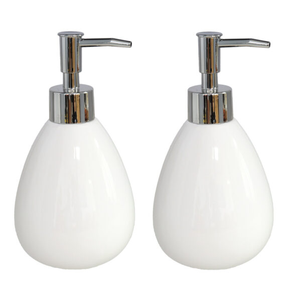 Gerimport Zeeppompje/dispenser - 2x - wit - keramiek - 350 ml - navulbaar - keuken/toilet/badkamer